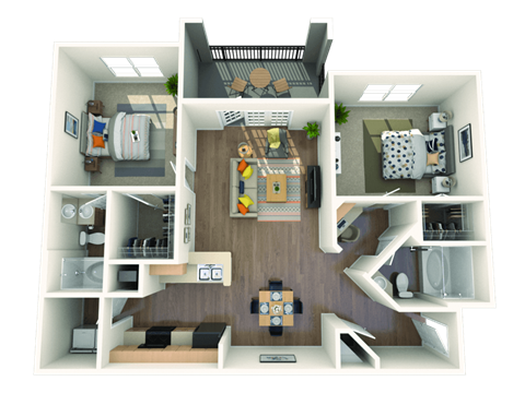 Floor plan for 2 beds, 2 baths, 1127 sqft